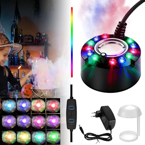 YeahBoom Ultraschall Vernebler,Nebelmaschine Mini Halloween,12 LED Ultraschall Nebelmaschine,mit Abnehmbarem Spritzschutz,für Brunnen Teich Steingarten Halloween Deko