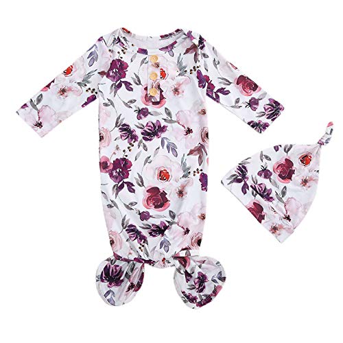 Image of Mubineo Newborn Infant Baby Girl Boy Floral Print Cotton Sleeper Gown with Headband Outfits (Xb Purple, 0-3 Months)