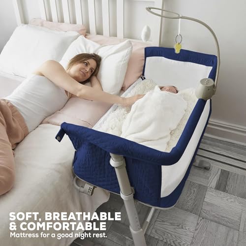 Image of BAYBEE Premium Pro Bedside Crib Cradle for Baby | Bassinet for New Born with 6 Height Adjustable & Rocking Mode | Foldable Cot with Mosquito Net & Storage | Portable Bedside Baby Cribs & Cots (Dblue)