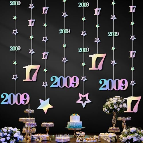 Image of Eucutur Iridescent 17th Birthday Decorations for Girls Boys, Pre-Strung Glitter Twinkle Number Vintage 2009 17 Years Old Hanging Streamer Banner Party Supplies, Seventeen Bhday Decor