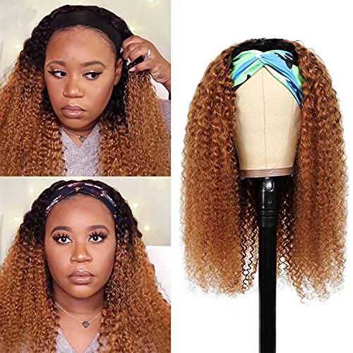 Headband Wigs for Black Women Curly Wave 1B/30 Brown Headband Wig Human Hair Wigs Brazilian Virgin Hair Machine Made Wigs Headband Wig 180% Density 16 Inch