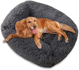 Plush Donut Dog Bed, Square Dog Bed Calming Pet Dog Bed, Anti Anxiety Cat Dog Bed Cuddler Kennel Soft and Fluffy Dog Cushion Bed for Medium Large Dogs, Anti-Slip Bottom, Machine Washable (M,Dark Grey)