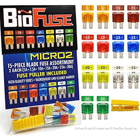 BioFuse Micro2 APT ATR 15 Piece Automotive Car Fuse Assortment Pack (Set of 14 Micro 2 Blade Fuses + Fuse Puller) 5A 7.5A 10A 15A 20A 25A 30A Cover