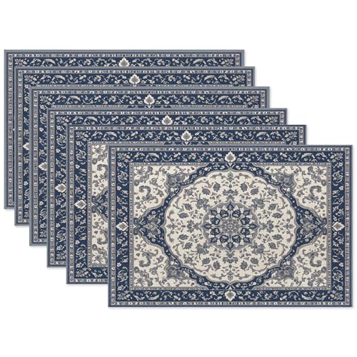 Blue Mandala Placemats Set of 6,Floral Washable Kitchen Dining Linen Table Mats for Home Party Dinner Indoor Outdoor 12x18Inch