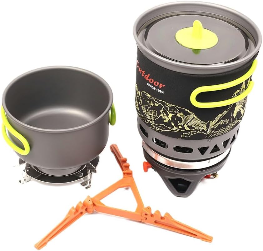 TENKE Backpacking 1000W 1.1L Portable Gas Powered Stove top Cooking System Gear Outdoor Pot Jet Burner Set With Piezo Ignition Ideal for Hiking, Camping, Fishing, Road Trips (BLACK 2, 1100ML)