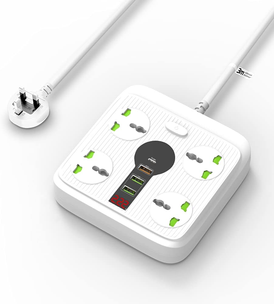 Extension Cord with USB C PD Charging,4 Universal Extension Plugs Power Extension,1 Typc C 20 W,1 QC 3.0,2pcs 5V/2.1A USB Extension Charging Ports,3 Meters Extension cable 3000W/13A Power Strip