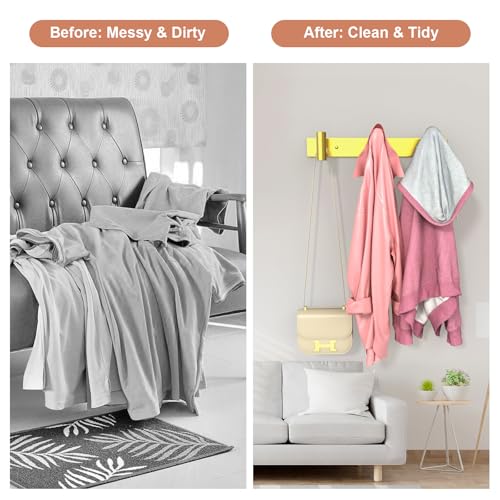 Image of PMMASTO Stainless Steel Coat Rack Wall Mounted, Heavy Duty Metal Hook Rail for Hanging Coats Hats Towels Robes Bags, Modern Wall Hooks Organizer (Gold, 3 inchT Hooks, 1PACK)