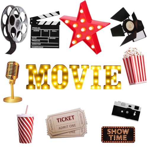 Image of 16 Pcs Movie Theater Decor Movie Night Party Decorations 8.6 inch Light up Letters Sign Film Clapper Board Marquee Star Sign Party Cards Props for Nigh Theater Table Centerpieces Supplies