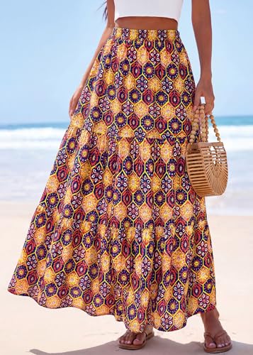 Image of KIRUNDO Maxi Skirts for Women Summer Boho Floral Long Skirt | High Waist Tiered Flowy Skirt, 2026 Spring Fall Fashion, Casual Teacher Outfits, Beach Vacation Clothes, Cruise Resort Wear