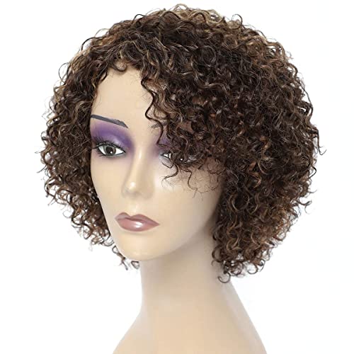 Morichy Kinky Curly Wigs for Women Human Hair Wig Chocolate Brown Mix Medium Auburn Curly Human Hair Wigs for Black Women Glueless 4/30 Color Short Wigs for Women 130% Density Brazilian Real Hair