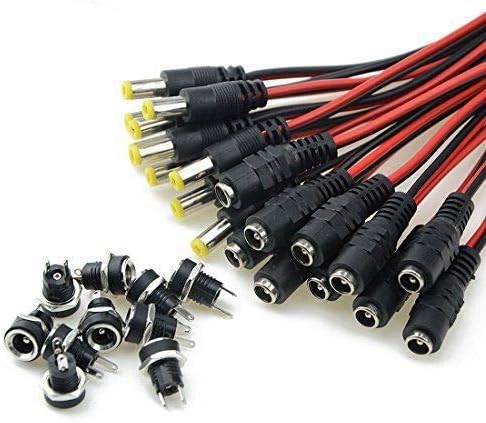 WMYCONGCONG 20pcs Male & Female Red Black DC Power Adapter 22 AWG for CCTV DVR Camera Lead Plug Pigtail Cable and 10pcs DC Power Jack Socket Female Panel Mount Connector 2.1x5.5mm