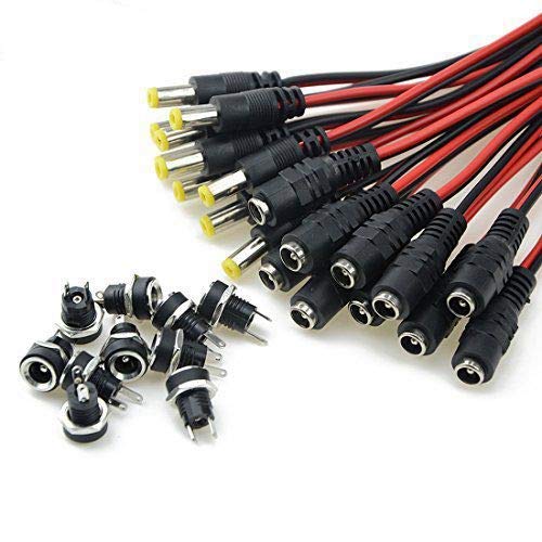 Wmycongcong 20Pcs Dc Power Pigtail Adapter Male & Female For Cctv Dvr Camera Lead Plug Pigtail Cable And 10Pcs Dc Power Jack Socket Female Panel Mount Connector 2.1X5.5Mm #TOP21