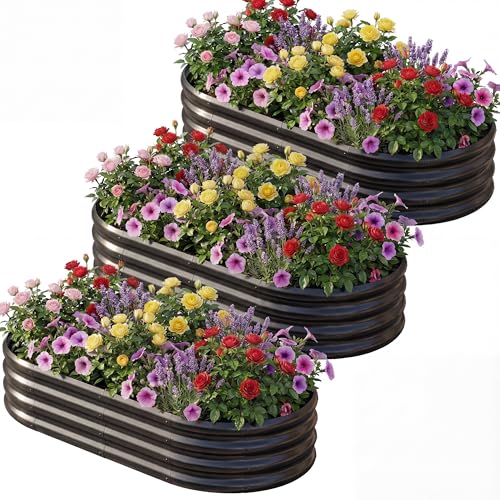 AHEONLAR 3 Pack 6×3×1ft Galvanized Raised Garden Beds, Oval Durable Planter Boxes Outdoor for Vegetables, Fruits, Flowers and Plants, Quick Assembly, Black