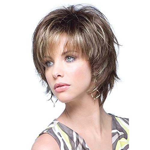 LANDI Short Brown Wigs for White Women Brown Mixed Blonde Straight Bob Hair Wig with Bangs Heat Resistant Synthetic Full Wig for Women Lady Natural as Real Hair (Brown mixed Blonde) LD005
