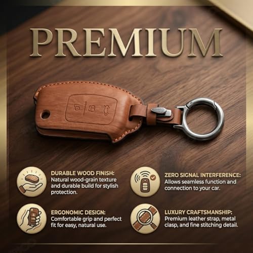 Image of Wooden PU Leather Key Cover Compatible with Ford Fiesta Figo Old Ecosport Flip Key 3 Button Smart Key Stylish Wooden Texture & Durable Premium PU Leather Protection