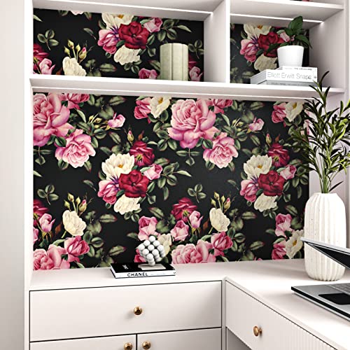 Wallercity Vintage Floral Peel And Stick Wallpaper Red Rose Wallpaper Roses Floral Wallpaper Waterproof Removable Flowers Black Floral Contact Paper For Bathroom Shelf Liner Vinyl Film 17.5" X78.7" #TOP6