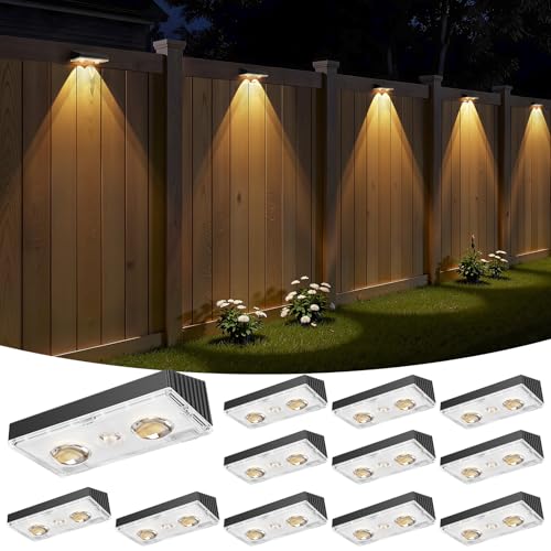 Bridika Solar Fence Lights Outdoor Waterproof, 12 Pack Fence Light Solar Powered with Bright Lens LED, Warm White, Cool White and RGB Color Glow, Solar Lights for Deck, Wall, Patio & Backyard Black