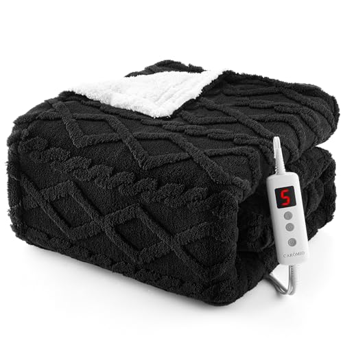 CAROMIO Heated Throw Blanket - Thick Tufted Sherpa Electric Blanket Throw with 10 Heating Levels and 10 Time Settings, ETL Certified Machine Washable Fast Heating Blanket Throw 50"×60", Black