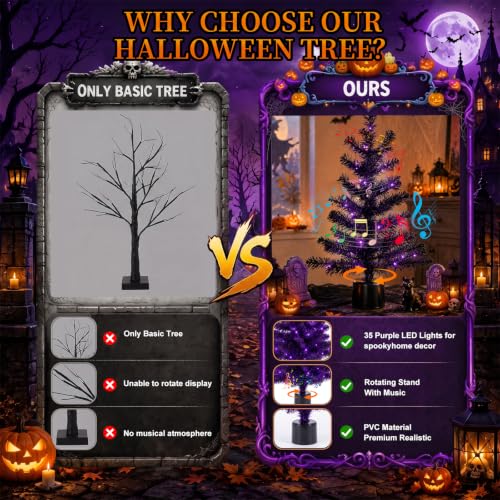 Halloween Decor, 2FT Black Rotating Halloween Tabletop Tree, Pre-Lit with 35 Purple LED Lights,Battery Powered Tree for Halloween, Fall, Christmas & All Season Indoor Holiday Decor - image 3