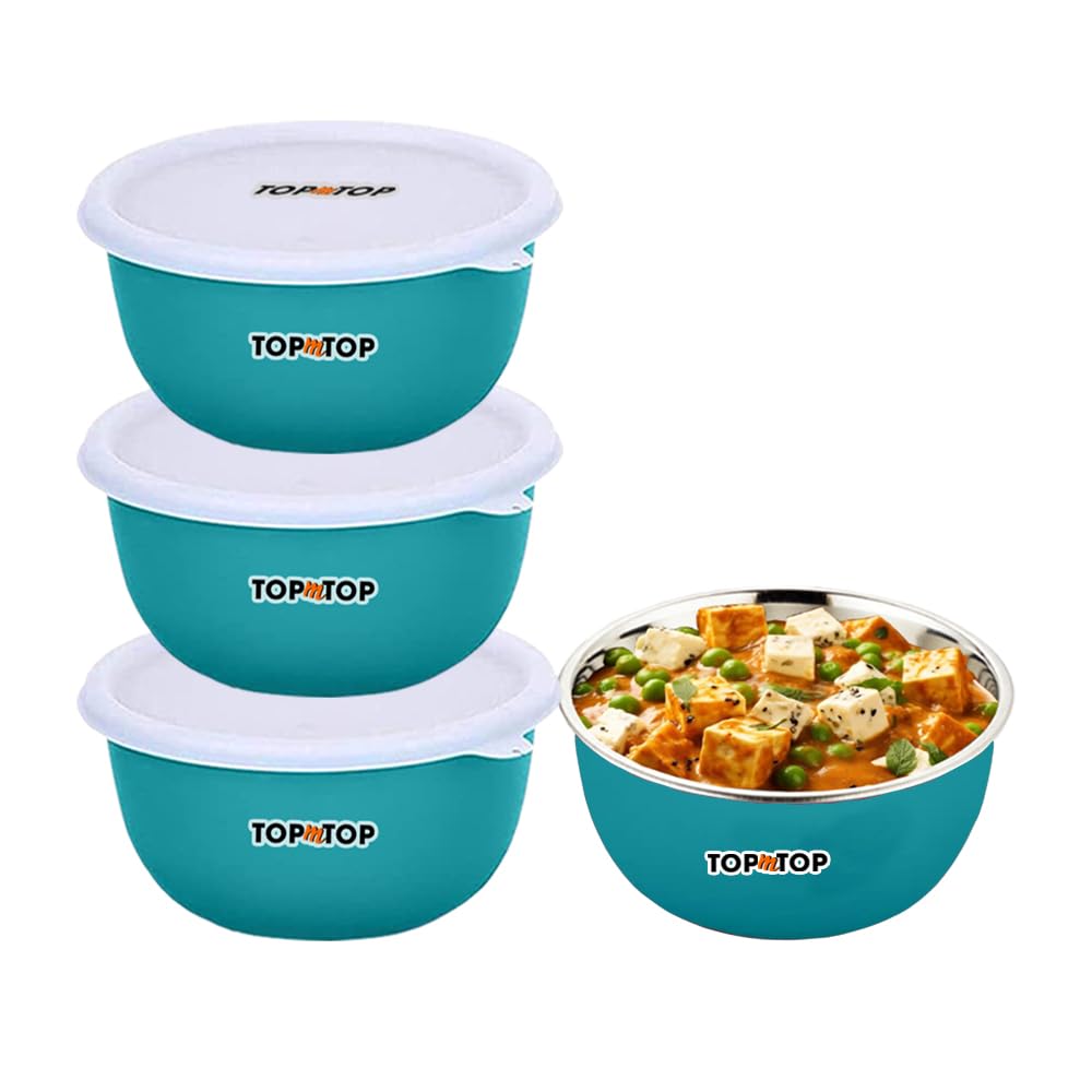 Microwave Safe Steel Bowl Set with Lid, Mixing Bowls, Food Serving Containers, Kitchen Accessories Items, 500ml, Pack of 4, Green