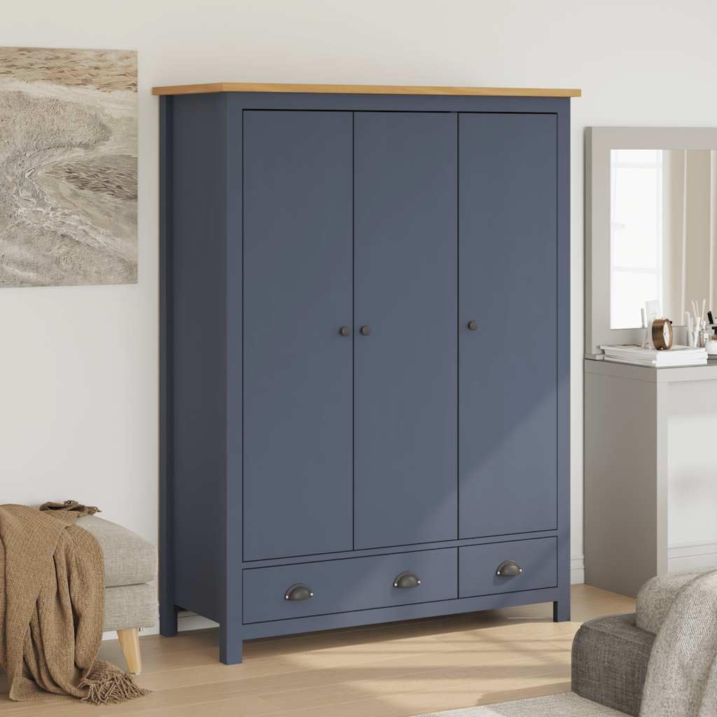 Kleiderschrank mit 3 Türen Hill Grau 127x50x170 cm Kiefernholz mit 2 Schubladen und 5 Regalfächern für Schlafzimmer Kinder Flur