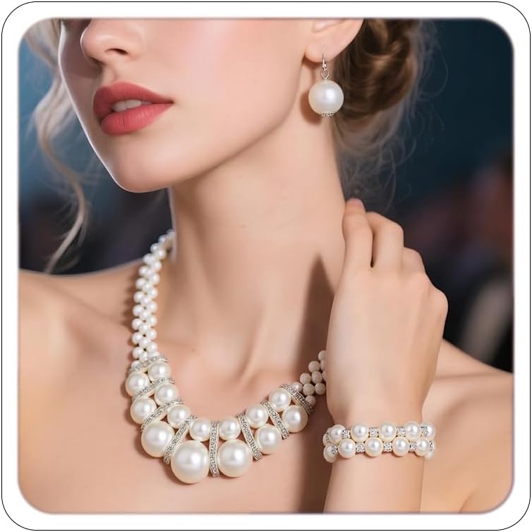 CSIYANJRY99 Pearl Set Jewelry for Women Faux Pearl Necklace Bracelet Earring Set Prom Accessorie Bridesmaid Costume White Pearl Rhinestone Necklace