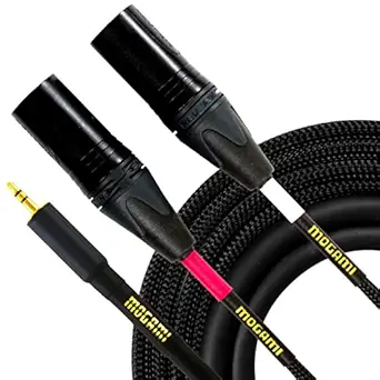 Mogami GOLD 3.5-2XLRM-10 Stereo Audio Y-Adapter Cable, 3.5mm TRS Plug to Dual XLR-Male Plugs, Gold Contacts, Straight Connectors, 10 Foot