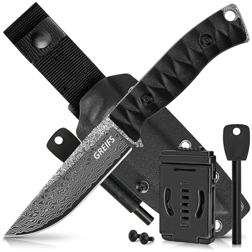 GREIFS® Outdoor-Messer aus D2 Stahl mit Kydex Holster und Feuerstahl, edles Survival Messer für die Bushcraft Ausrüstung, Jagdmesser, Schnitzmesser, Fahrtenmesser (Ranger/Damast)