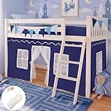 Breling 3 Panel Bunk Bed Curtains for Bottom Loft Bed Tent Set with Felt Flag Double-Layer Twin Bunk Curtains Playhouse Accessories for Boy Girl Bedroom(Blue and White,Classic)