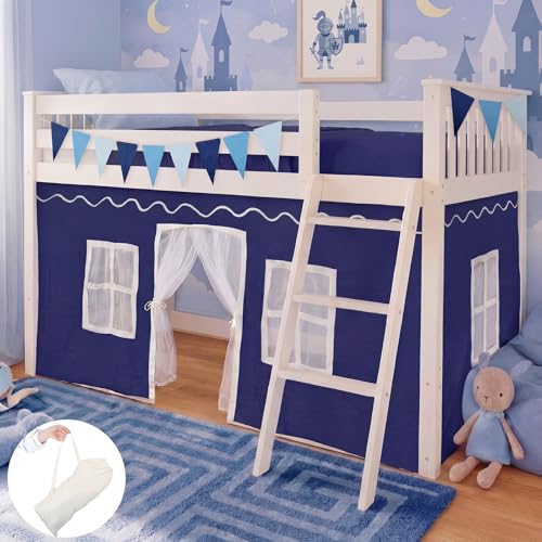 Breling 3-Panel Bunk Bed Curtains with Felt Flag, Blue/White