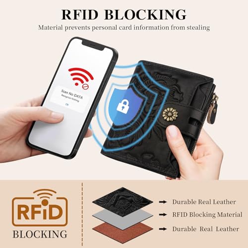 Image of Womens Wallet,RFID Blocking Leather Wallet Womens Bifold Card Holder Small Compact Wallet for Women with Removable ID Window(yhblack)