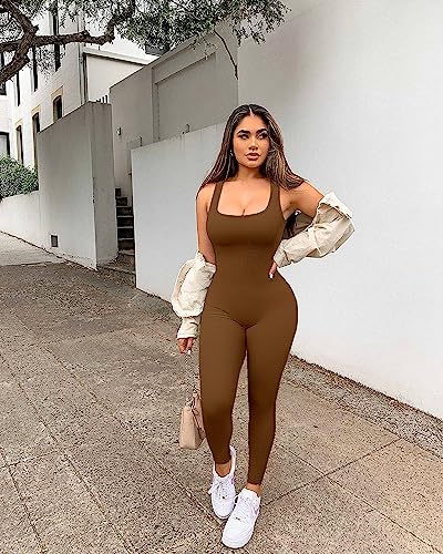 Image of YIOIOIO Womens Workout Ribbed Jumpsuit Yoga Square Neck Leggings Romper