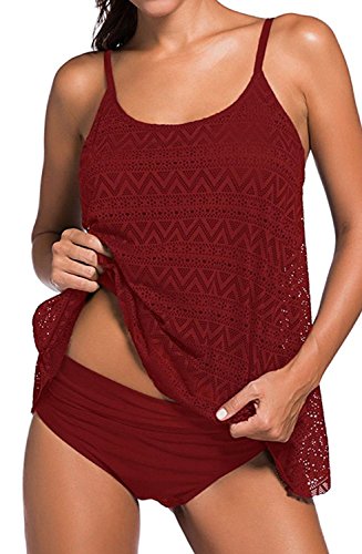 YuanYan Damen Sportlich Tankini Top Bandeau Bikini Sets Zwei Stück Beachwear Gepolstert Badeanzug, Größe XXX-Large, Farbe Weinrot Cover