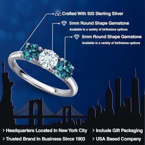 Gem Stone King 925 Sterling Silver Sky Blue Aquamarine and London Blue Topaz 3-Stone Engagement Ring For Women | 1.90 Cttw | Round 5MM | Gemstone March Birthstone | Available in Size 5,6,7,8,92