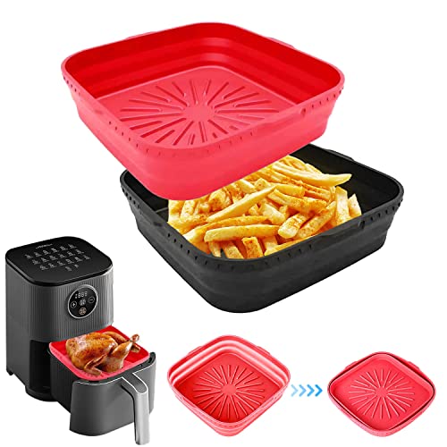 Moule Air Fryer, 2 Pièces Silicone Air Fryer, Moule Silicone Air Fryer, Pliable Air Fryer Silicone, Noir + Rouge, Panier Silicone Air Fryer Convient pour Friteuse à air Four à Micro Ondes