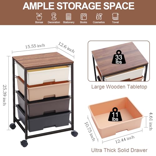 Image of SYKIARIOL Utility Cart with 4 Drawers, Brown | Rolling Storage Cart with Drawers, Storage Rolling Drawer Cart
