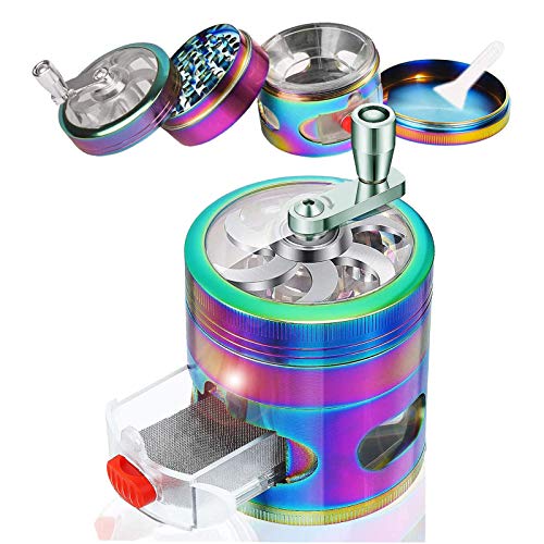 Herb Grinder, 4-Piece Spice Grinder with Pollen Catcher, Manual Grinder with Handle, 2.5 inch Hand Cranked Grinder, Metal Grinder - Rainbow