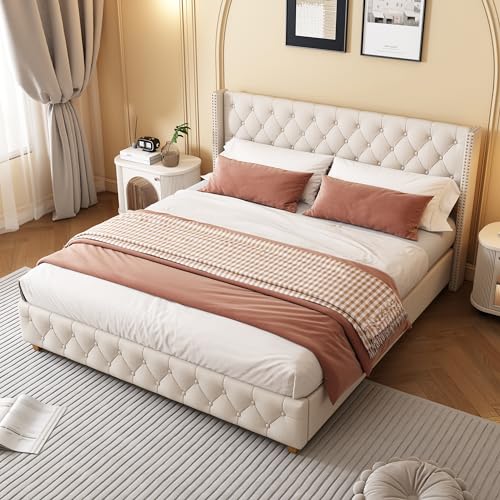 GigaXynium Cama tapizada con somier de láminas y cabecero, acolchado con botones, tapizado con remaches, patas de madera, terciopelo (beige (180 x 200 cm)