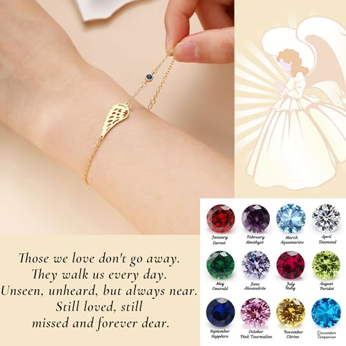 Sympathy Gifts for Loss of Loved One Birthstone Bracelets for Women 14K Gold Plated Angel Wing Memory Bracelet Sorry for Your Loss Gifts Memorial Protection Remembrance Birthday Jewelry2
