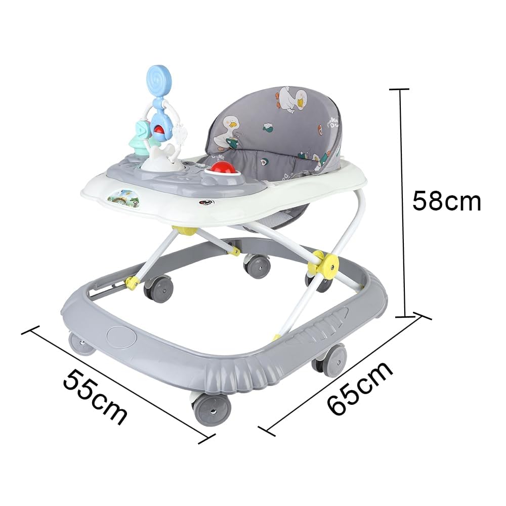 Girello pieghevole per bambini, girello per bambini, con vassoio di attività musicali rimovibile, stazione di gioco elettronica rimovibile con luci e melodie, altezza regolabile (grigio)