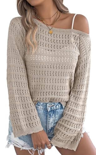 Adigau Pull Tricoté pour Femme Pull À Épaules Dénudées Haut Chic et Élégant à Manches Cloche Top Décontracté à Manches Longues pour Printemps Été...