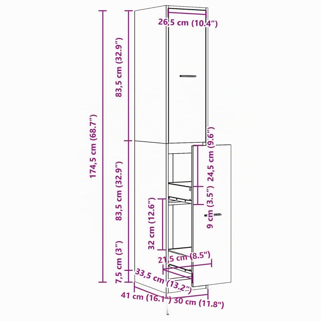 vidaXL Apothekenschrank, betongrau, 30 x 41 x 174,5 cm, Spanplatte, Apothekenschrank, Apothekenmöbel, Schrank mit Schubladen für Apotheken