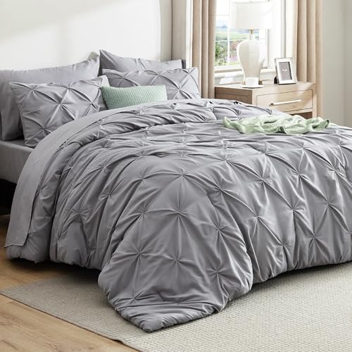 Bedsure Oversized King Comforter Set Grey – Bed in a Bag Bedding Set 7 Pieces, GentleSoft™ Pintuck Bed Set Gift for Family, Pinch Pleat Grey Comforter with Sheets, Pillowcases & Shams