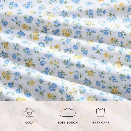 Image of Laura Ashley - Full Sheet Set, Crisp & Cool Cotton Percale Bedding for Year Round Comfort, Deep Pocket, Bed Sheets with Matching Pillowcases (Ditsy Doodle Blue)