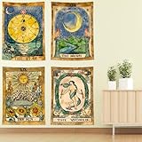 ZeeDix 4 Pack Tarot Card Tapestry Wall Hanging Cute Boho Hippie Art Spiritual Tapestries with the Sun and Moon Star World Astrology Big Tapestry for Bedroom Living Room Wall Decor Aesthetic (Golden 19.7'x 24.5')