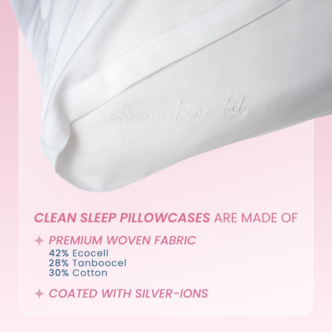 Clean Sleep Silver Ion Pillowcases, Hypoallergenic Pillowcases for Blemish-Prone & Sensitive Skin, Silver Ion Infused Plant-Based Fabric, Standard Size, 2 Pillow Covers, Glacier White