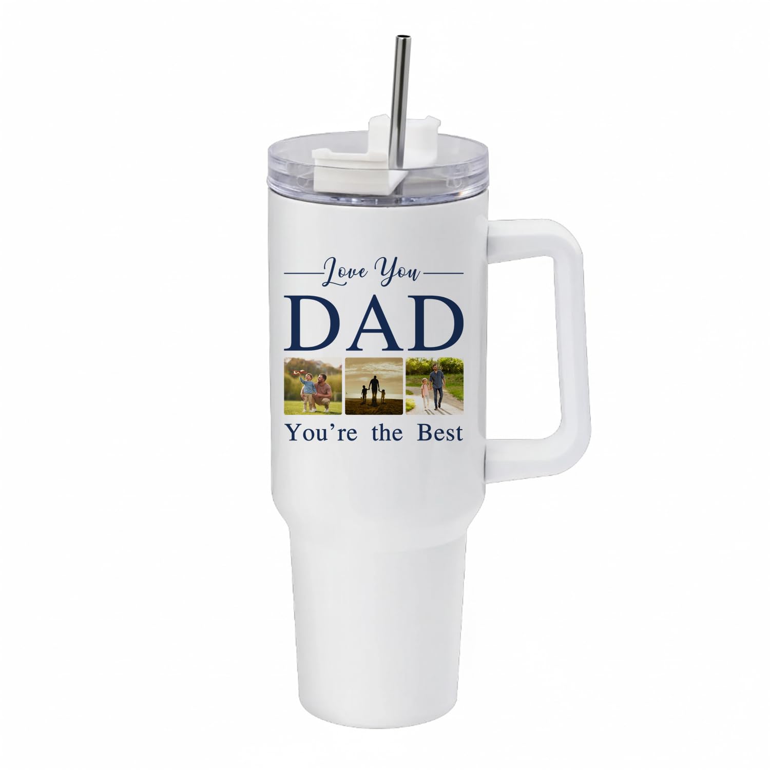 Personalised Love You Dad Photo Mug – Custom Family Picture Coffee Mug for Father, 40oz Travel Tumbler with Handle & Straw |Stainless Steel Large Cup | Travel Water Bottle | Car Coffee Mug. (White)