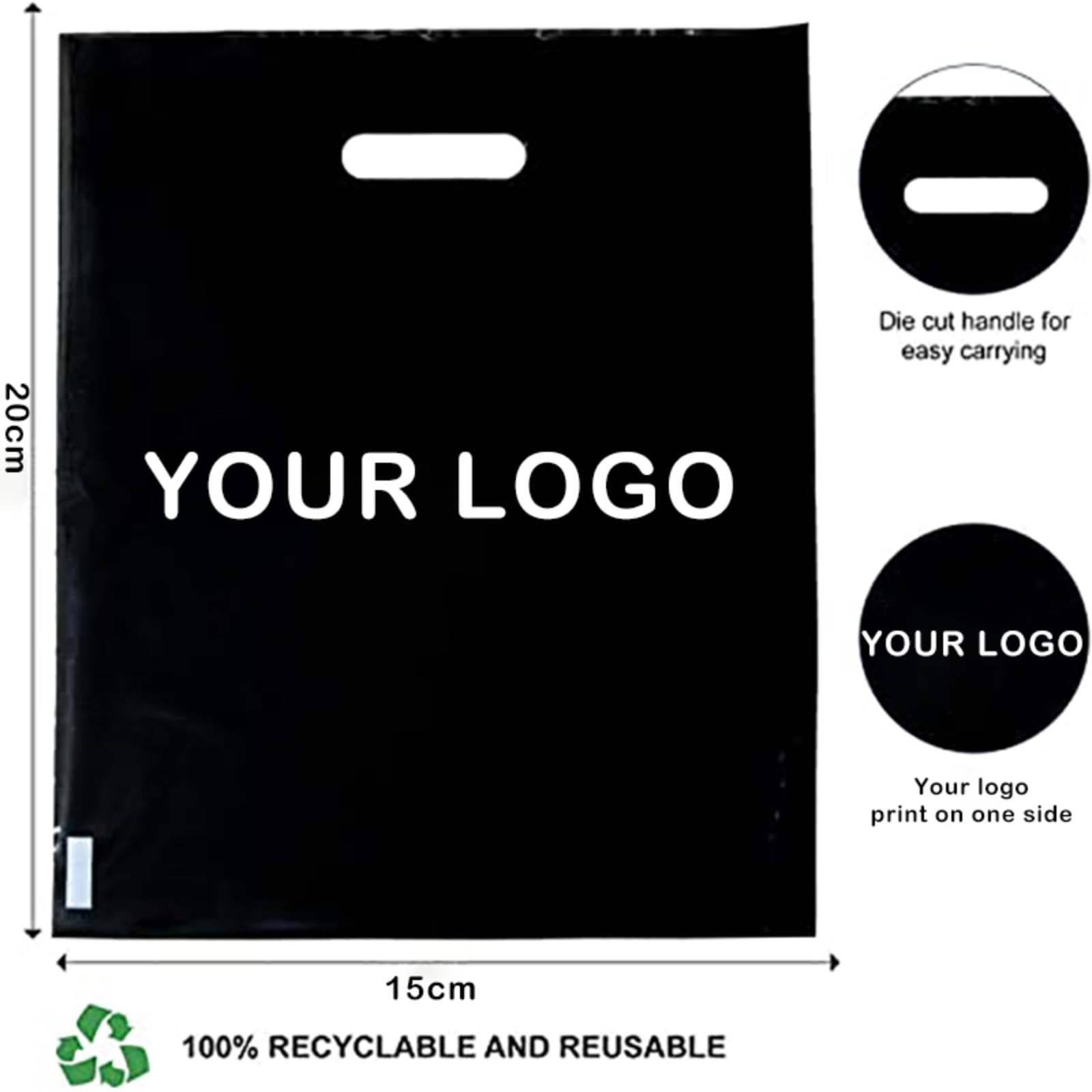100 pz personalizzato logo colorato shopping bag con manico sacchetto regalo in plastica Businss cliente sacchetto di plastica (stampa su un lato) (nero, 15 x 20 cm)