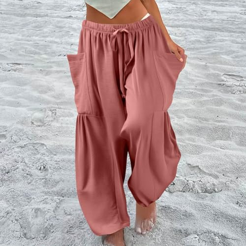 Linen Pants Women Casual Drawstring Cropped Barrel Palazzo Harem Pants with Pockets Flowy Boho Beach Lounge Pant2