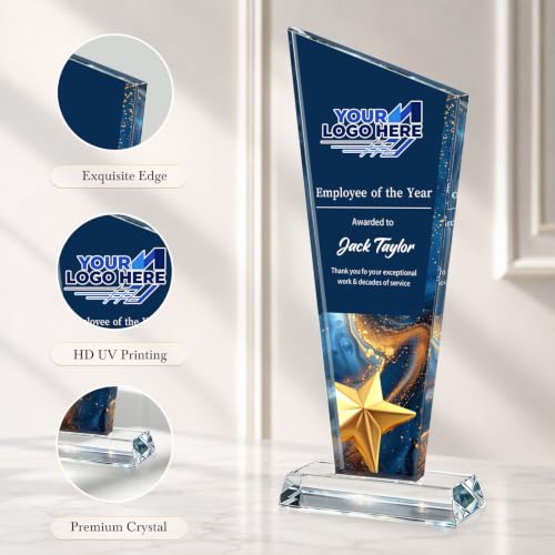 Image of Custom Crystal Trophy Award Personalized Plaque Award with Text Logo Photo Awards Trophies for Employee Recognition Team Graduation Personalized Office Gifts for Boss Coworker Teacher